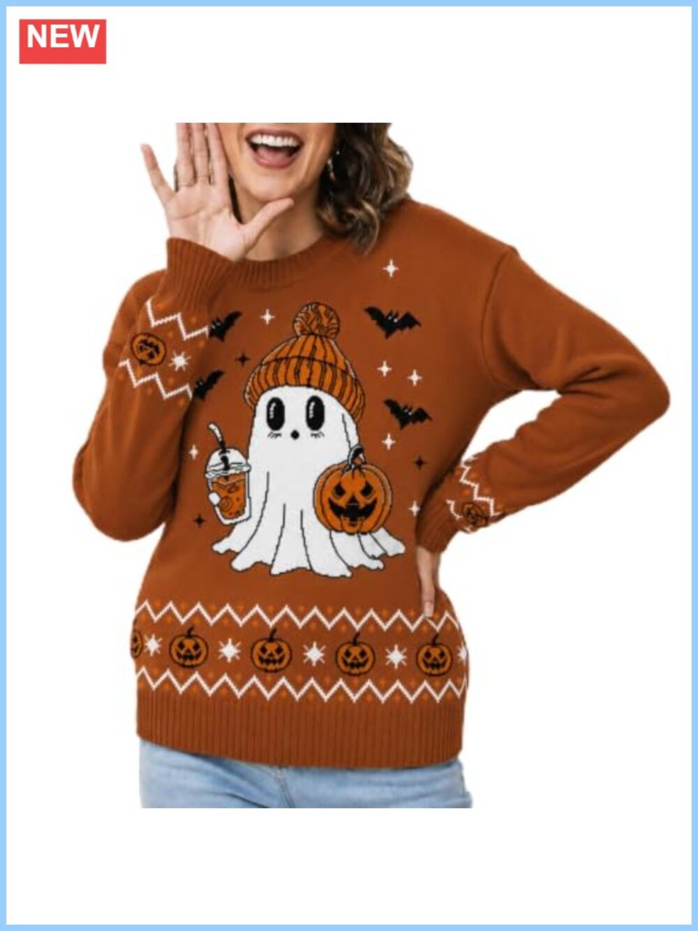 Halloween Sweater Women Ghost Pumpkin Pullover Knit Crewneck Fall